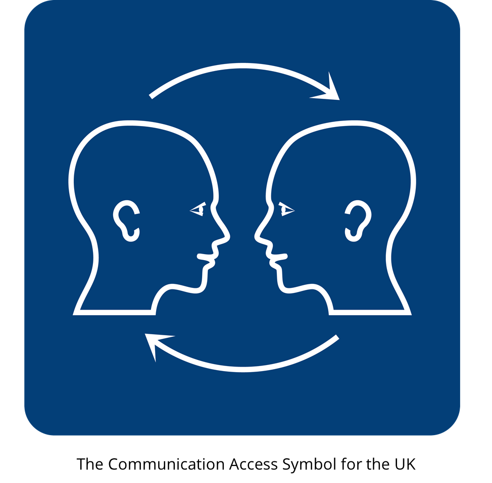 The communication access symbol is a blue square. Inside the square is the outline of two white heads which are facing each other. There are clockwise arrows, one above and one below the heads showing that communication is a two way process. Both heads have ears, eyes and a mouth showing that listening, looking, understanding and speech are all important in communication access.